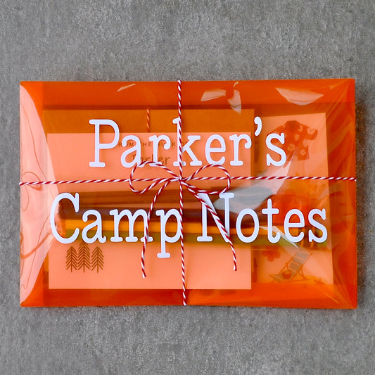 Personalized camp stationery kit with A2 note cards, envelopes and writing tools