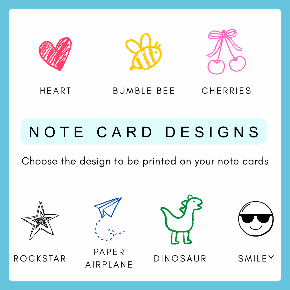 Kids personalized note card style options for mini stationery kits