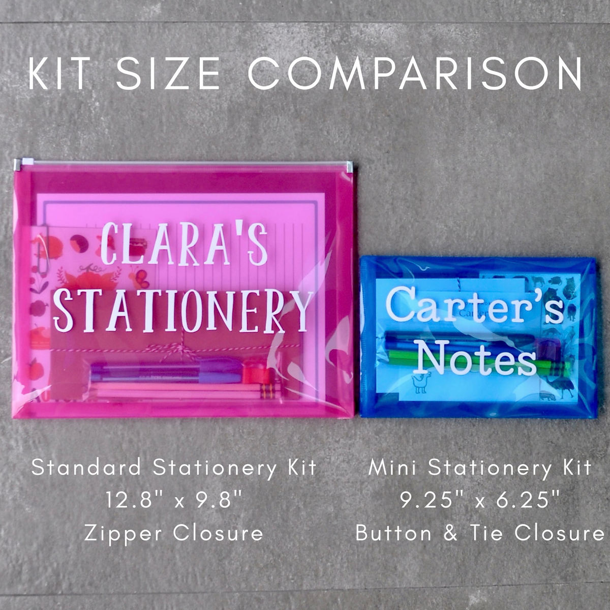 Mini stationery kit size comparison with full-size kids stationery