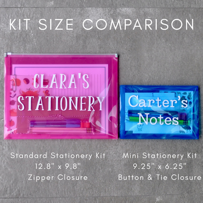 Mini stationery kit size comparison with full-size kids stationery